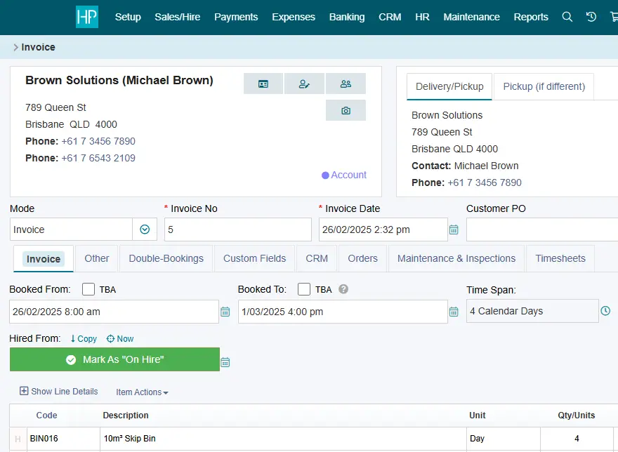 The sales screen caters for quotes, reservations, bookings, invoices and credit notes